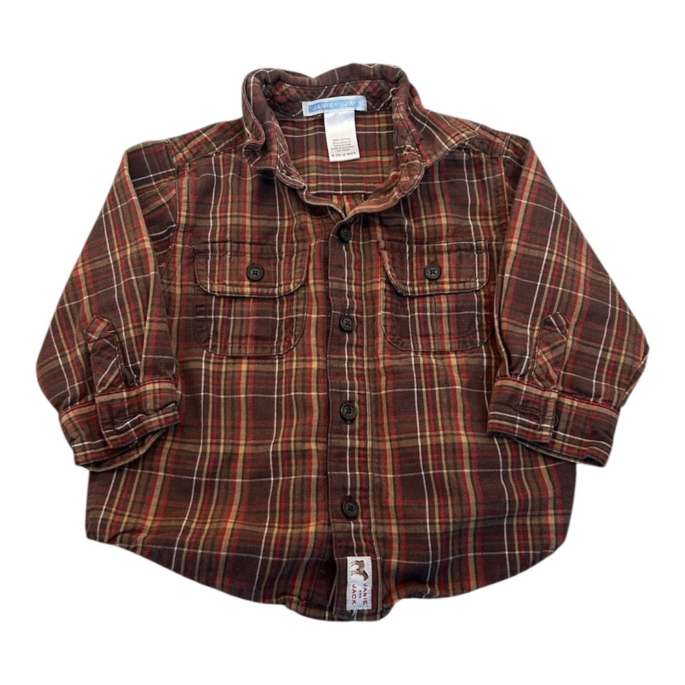 Janie and Jack Baby Brown Plaid Button Down Shirt Size 6-12 Months